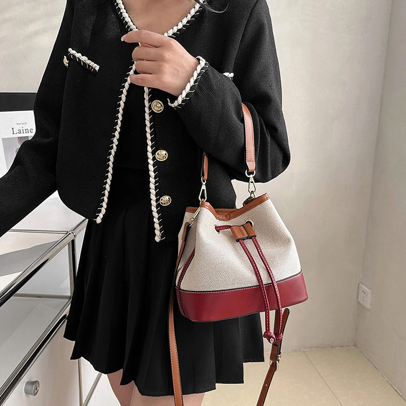 Fashion Canvas Bucket Shoulder Bag Women Contrast Color Drawstring Crossbody Tote Female Portable Messenger Bags Ladies Handbags