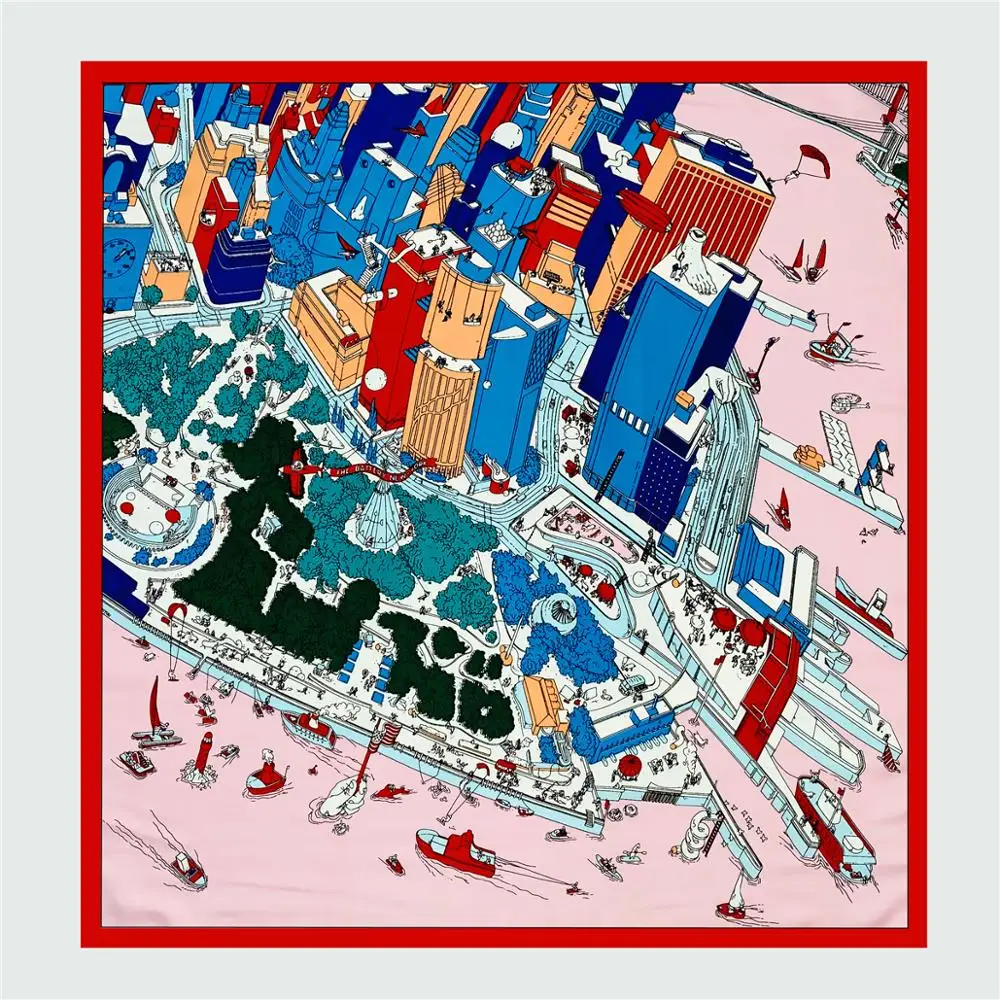 Шарф женский Шелковый квадратный 53 см с принтом пляжный город