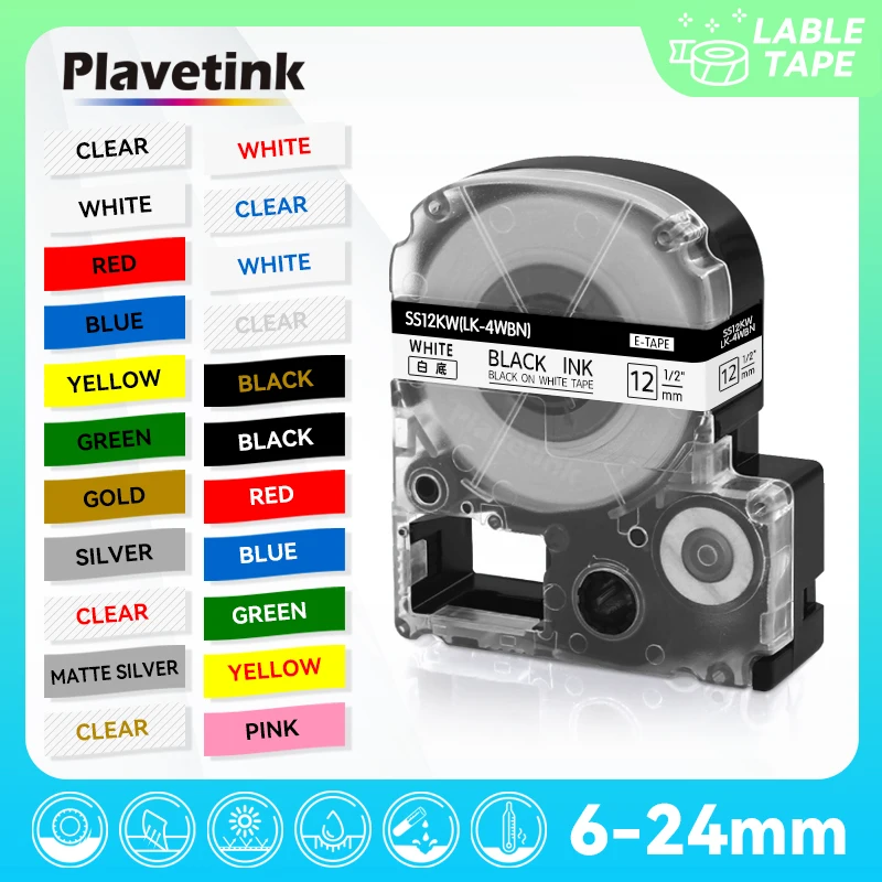 

PLAVETINK Compatible for Epson KingJim SS12KW LC-4WBN SC12YW SC12RW SC12BW SM12ZW 12mm Label Cassette for Epson LW-300 LW-400