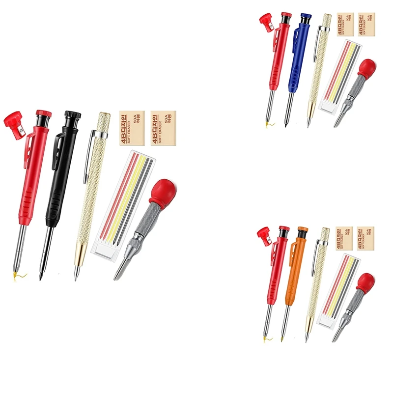 

Solid Carpenter Pencil With 6PCS Refills Woodworking Scriber Pen Marker Marking Tool Automatic Center Pin Drill Bit