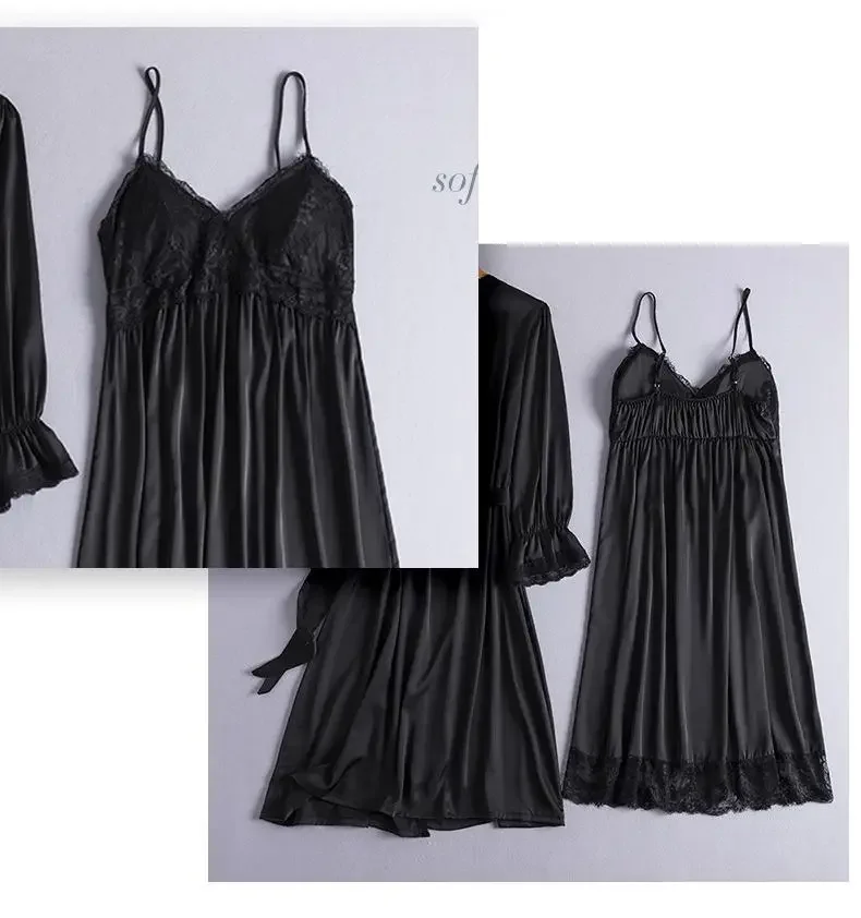 Комплект женский кружевной из халата и атласной рубашки ночная рубашка кимоно