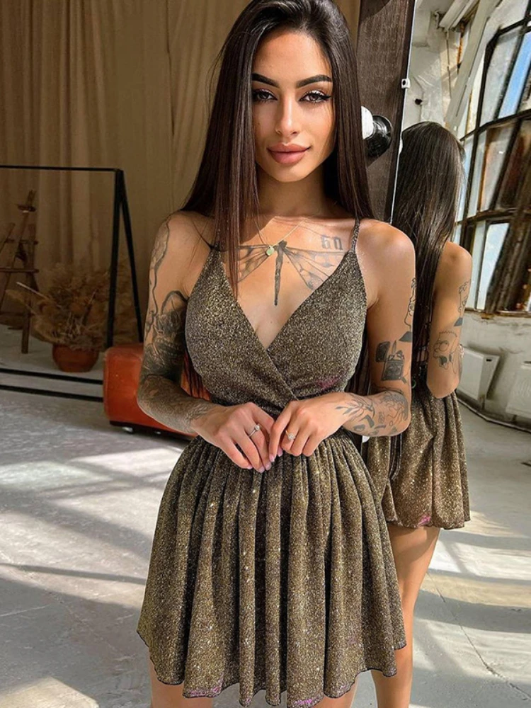 

Sunny y.j. Fall Women Shiny Black Sling High Waist Dress Sexy Backless Straps V-Neck Sleeveless Glitter Pleated Skirt Mini Dress