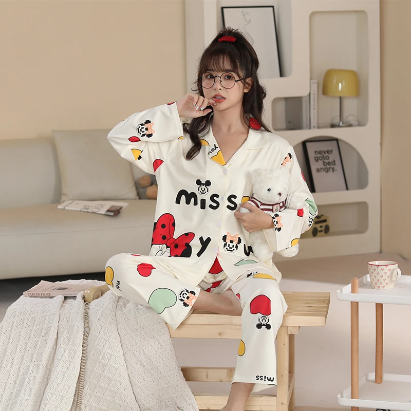 Disney Minnie Mouse Pajama Set for Women Winter Pijamas Feminino Warm Sleepwear White PJ 2022 Fashion Cute Kawaii Pyjama Femme