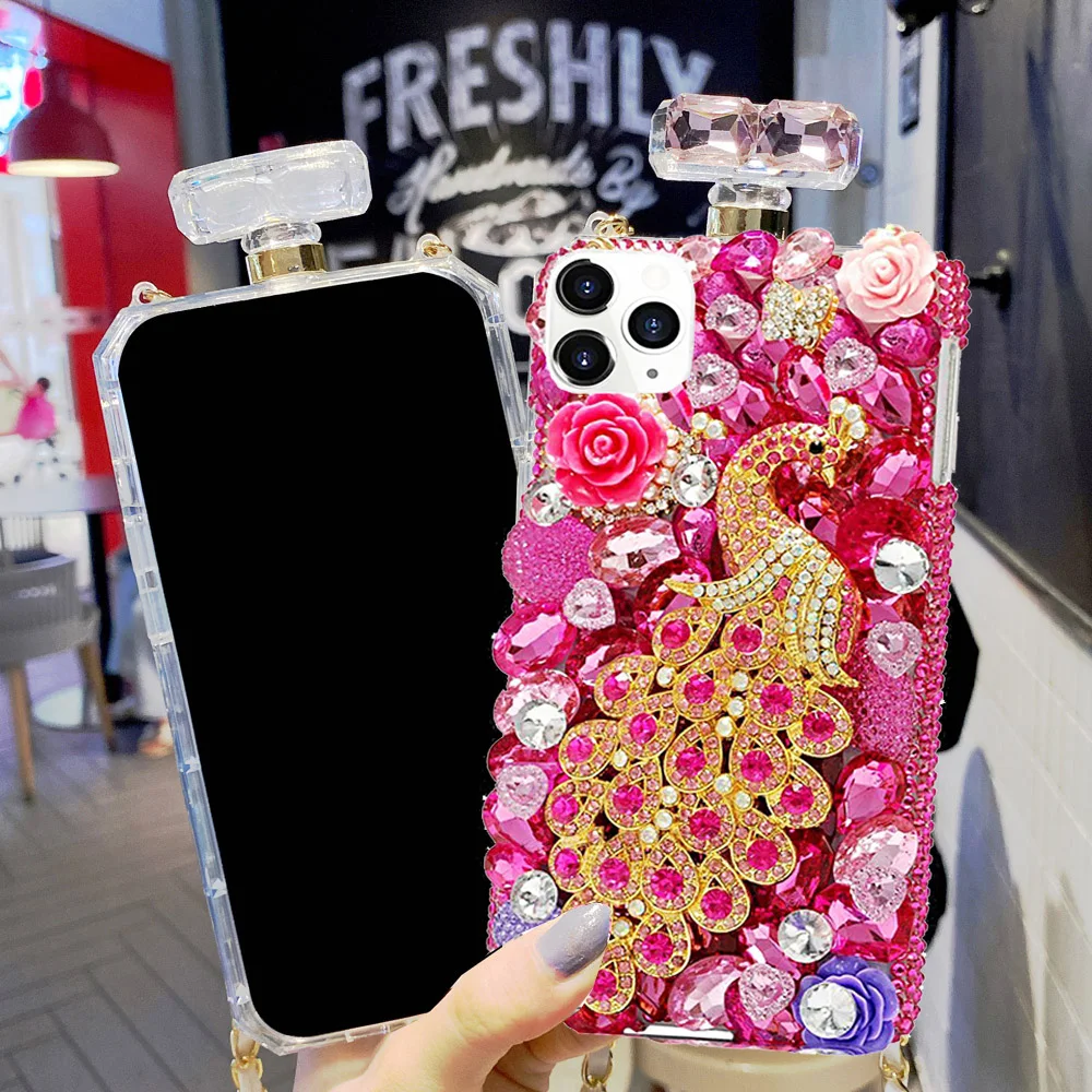 

Cute Bling Crystal Perfume Bottle Cases for Samsung Galaxy S10 S21 Plus Note 20 Ultra 10 Plus Luxury Cell Phone Cover Lanyard