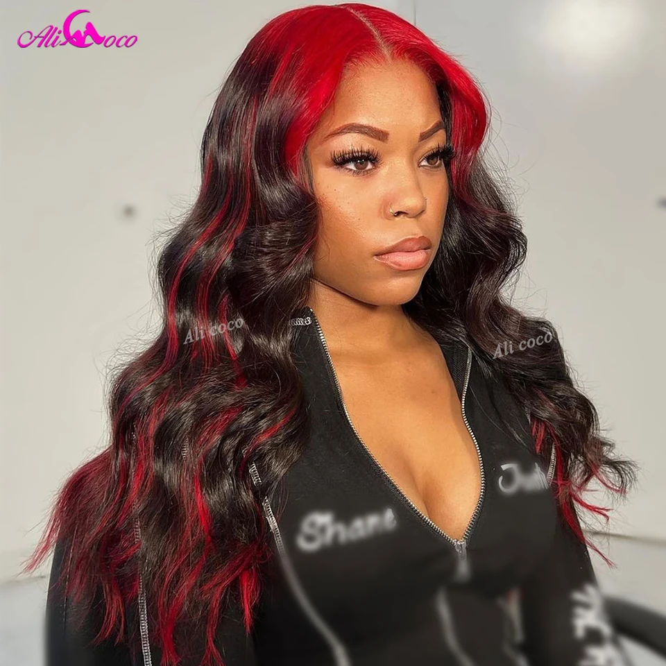

Highlight Red 13x6 Lace Frontal Human Hair Wig Transparent Lace Wigs Malaysia Remy Hair Body Wave Ombre Red Wig For Black Women