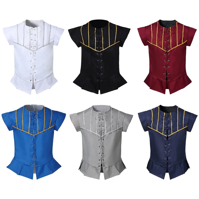 

Medieval Viking Renaissance Men's Shirt Steampunk Costume Strap Pullover Short-sleeved Top