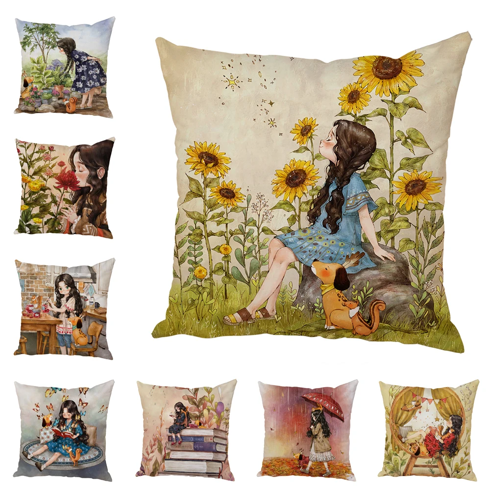 

Peach Skin Cushion Cover 45x45cm Cute Cartoon Girl Fairy Tale World Pillowcase Decor Lovely Child for Sofa Home Car Pillow Case