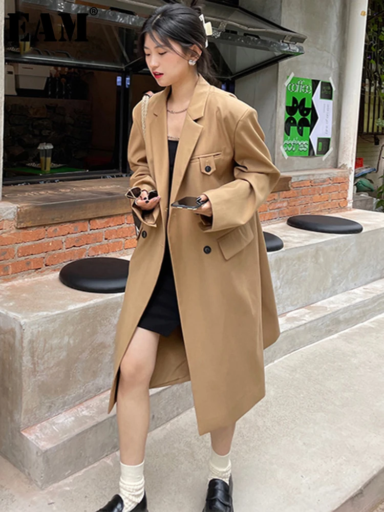 

[EAM] Women Khaki Dobule Breasted Big Size Trench New Lapel Long Sleeve Loose Fit Windbreaker Fashion Spring Autumn 2022 1DE2276