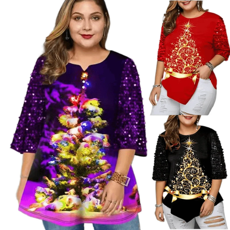 2022 Women's Fashion Plus Size T Shirt Christmas Tree Print Irregular Three Quarter Sleeve Daily Street Style Peplum Loose Tops