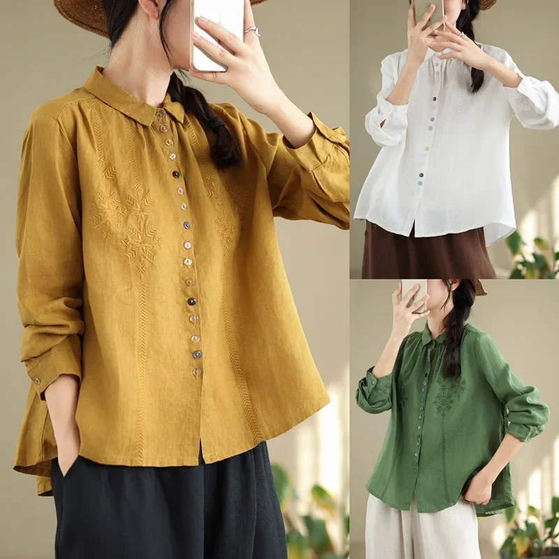 Стильная утягивающая рубашка с длинными рукавами и вышивкой женская свободная