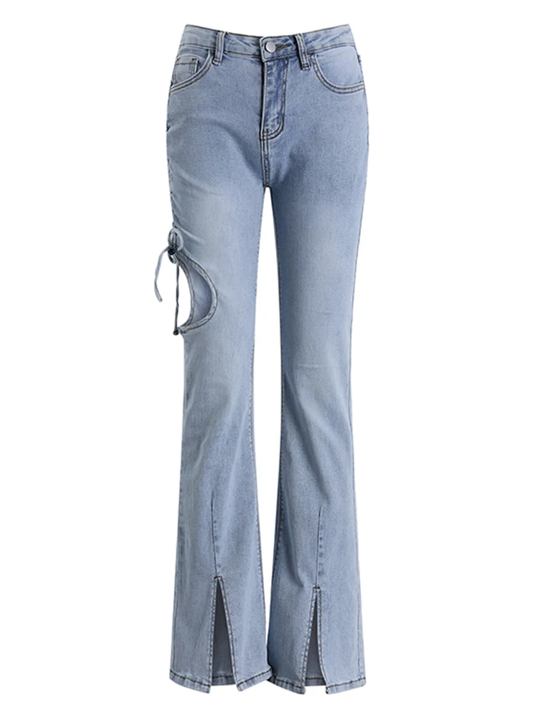 

WKFYY Women Denim Sky Blue Street Causal Spliced Hole Lace Bandage Split High Waist Slim Skinny Boot Cut Long Pant Jeans P4010