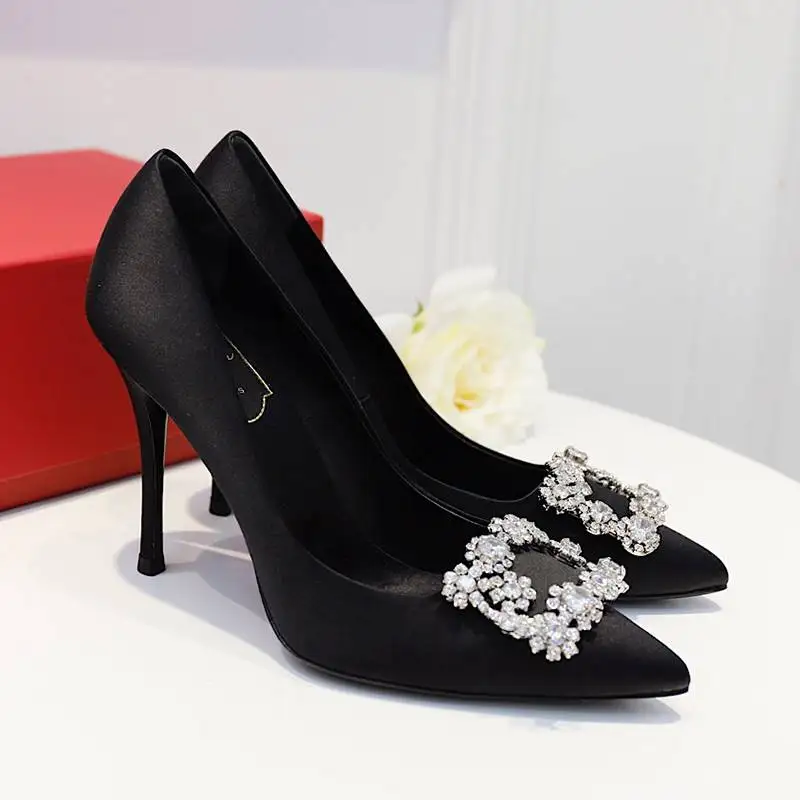 Pointed Women's Single Shoes New Fashion High Heels Banquet Rhinestone Square Buckle Flat Shoes Shallow Silk Wedding Shoes