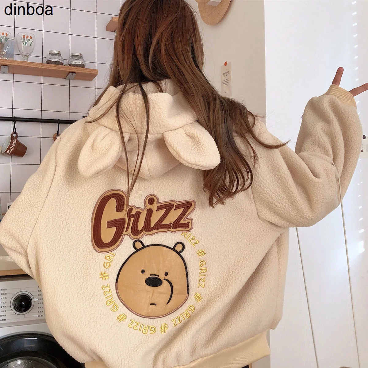 

Autumn Winter Zipper Coat Sweet Hooded Bear Print Top Y2k Loose Pocket Hoodies Womens Fleece Flannel Pullover Female Sweatshirt