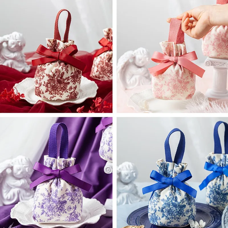 

2pcs Wedding Flower Canvas Jewelry Candy Cookie Gift Bag Baby Shower Dragees Baptism Girl Bags Chocolate Packaging Wrapping Bag