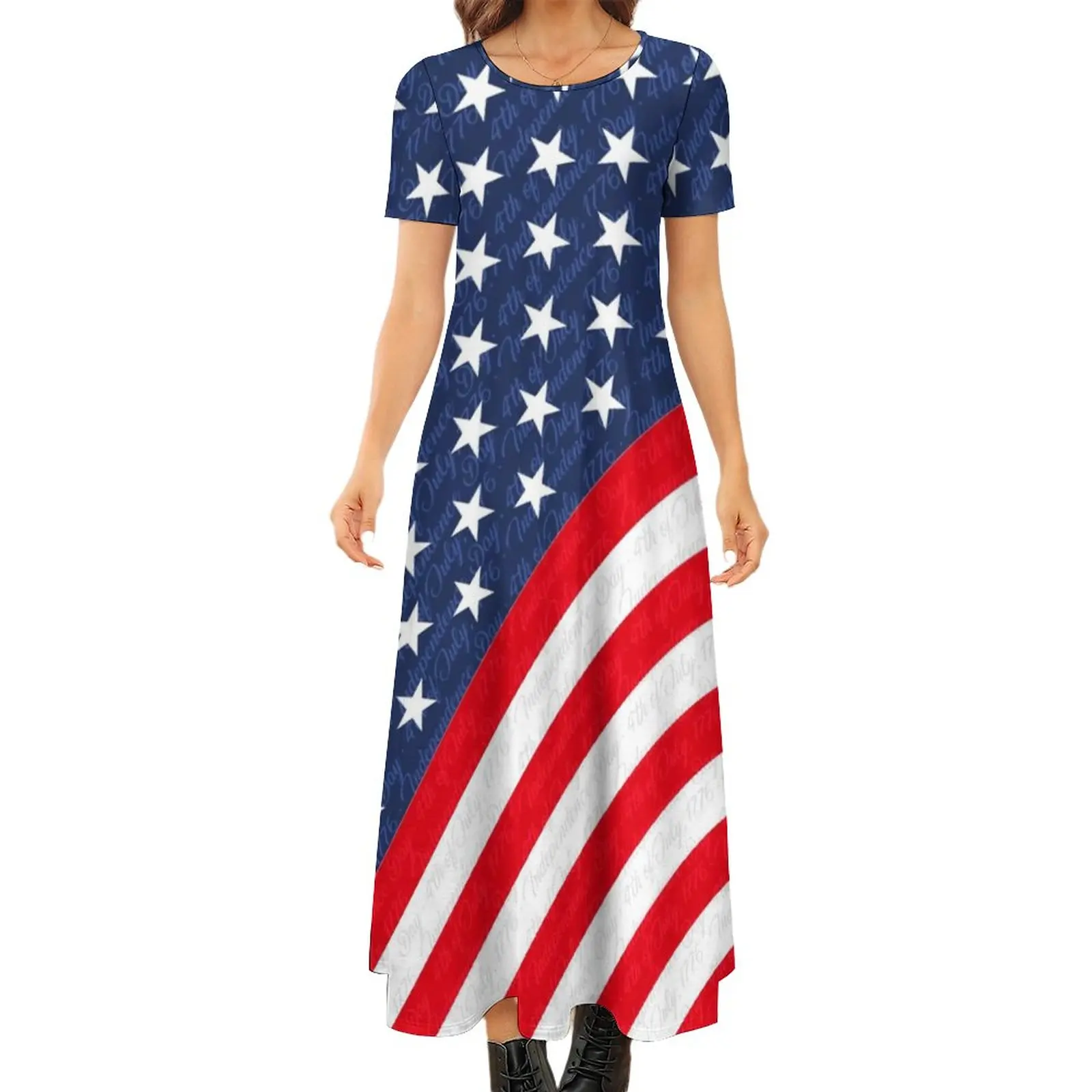 

Star Flag Print Dress USA 4th of July Independence Day Kawaii Maxi Dress Female Short Sleeve Streetwear Boho Beach Long Dresses