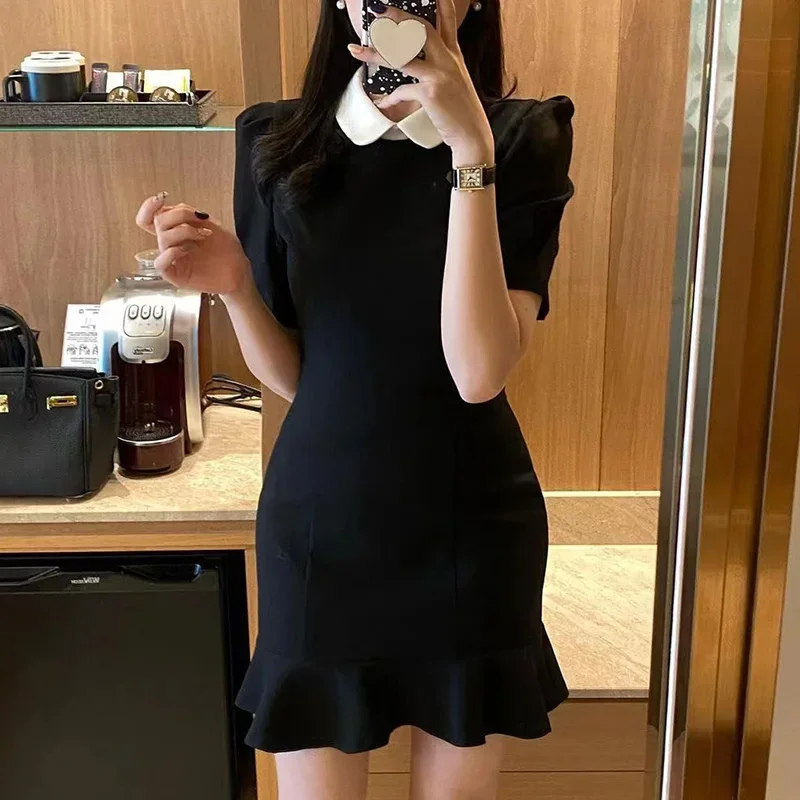 2024 весеннее элегантное платье с лацканами контрастного цвета пышными рукавами