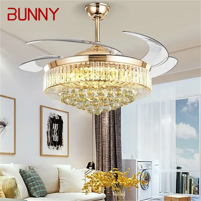 

BUNNY Ceiling Fan Light Invisible Luxury Crystal Silvery LED Lamp With Remote Control Modern For Home