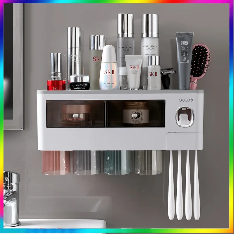 

Toothbrush Holder Double Automatic Toothpaste Dispenser Magnetic Adsorption Inverted Cup Storage Rack Bathroom Accessories