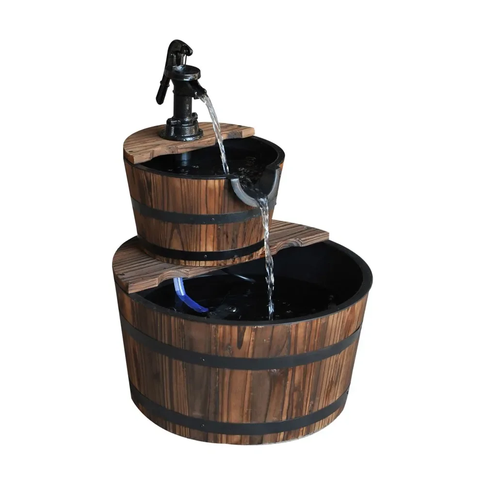 Free Shipping 2 Tier Fountain Rustic Wood Barrel Water Fountain with Pump Outdoor Garden Decor