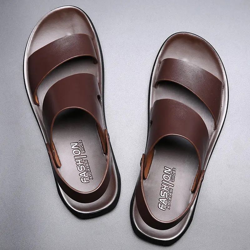 

Summer Dress Men Sandals Leather New 2022 Fashion Vintage Men Shoes High Quality Soft Comfort Casual Flats Beach Male Slippers