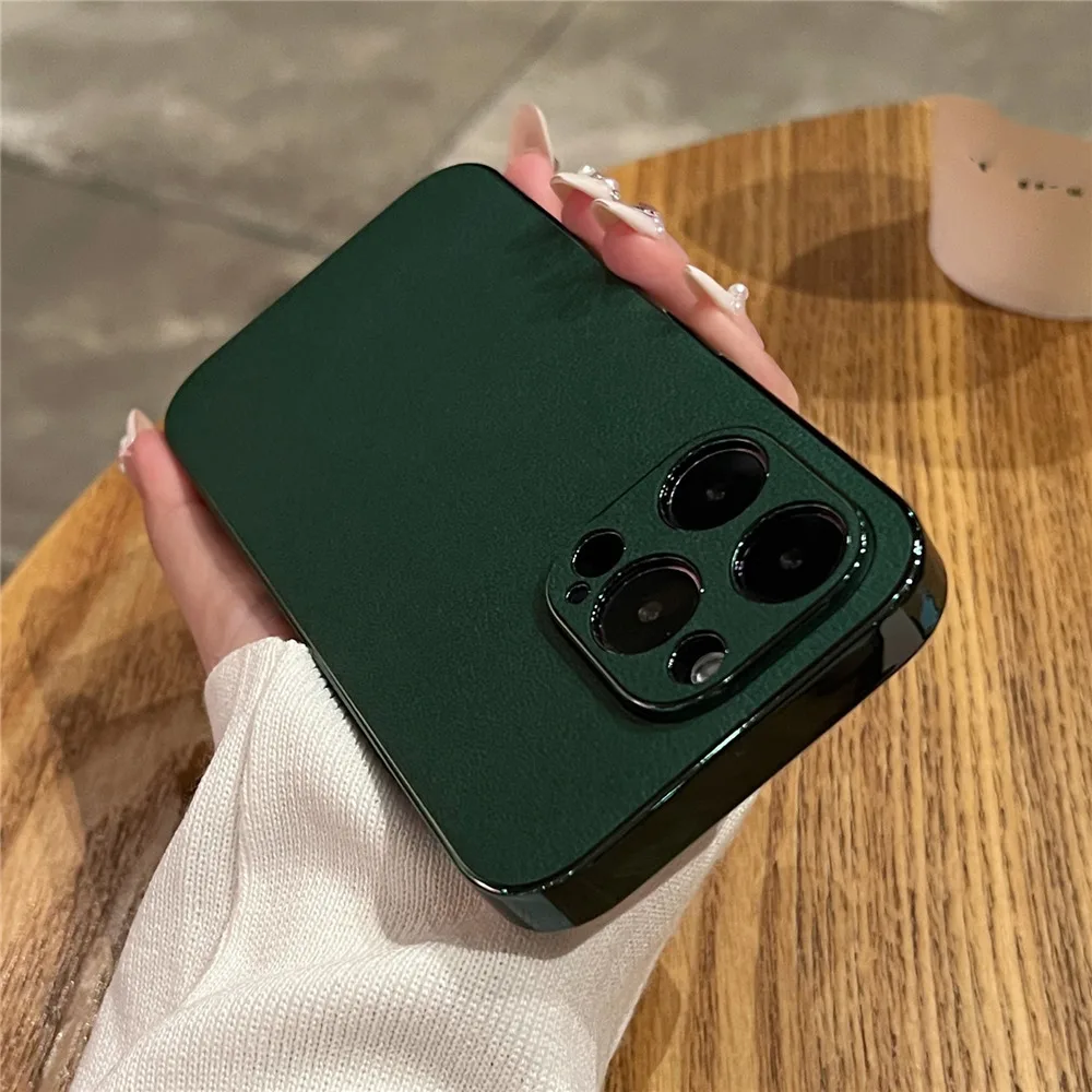 Luxury Lambskin Leather Plating Phone Case For iPhone 14 13 12 11 Pro Max 13Pro 14 Plus Shockproof Bumper Lens Protection Cover