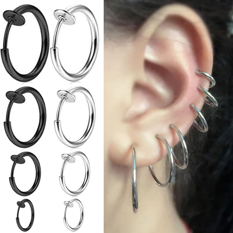 Hoop Clip on Earrings Step Diameter Circle Earring Punk Clip Stealth Spring Small Helix Retractable Ring Cuff  Ear Ring Hoops