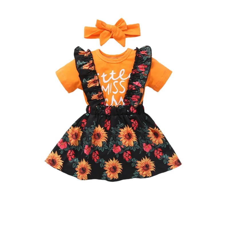 

3Pcs Toddler Summer Outfits Letters Print Short Sleeves Romper + Floral Suspenders Skirt + Headband for Baby Girls, 0-18 Months