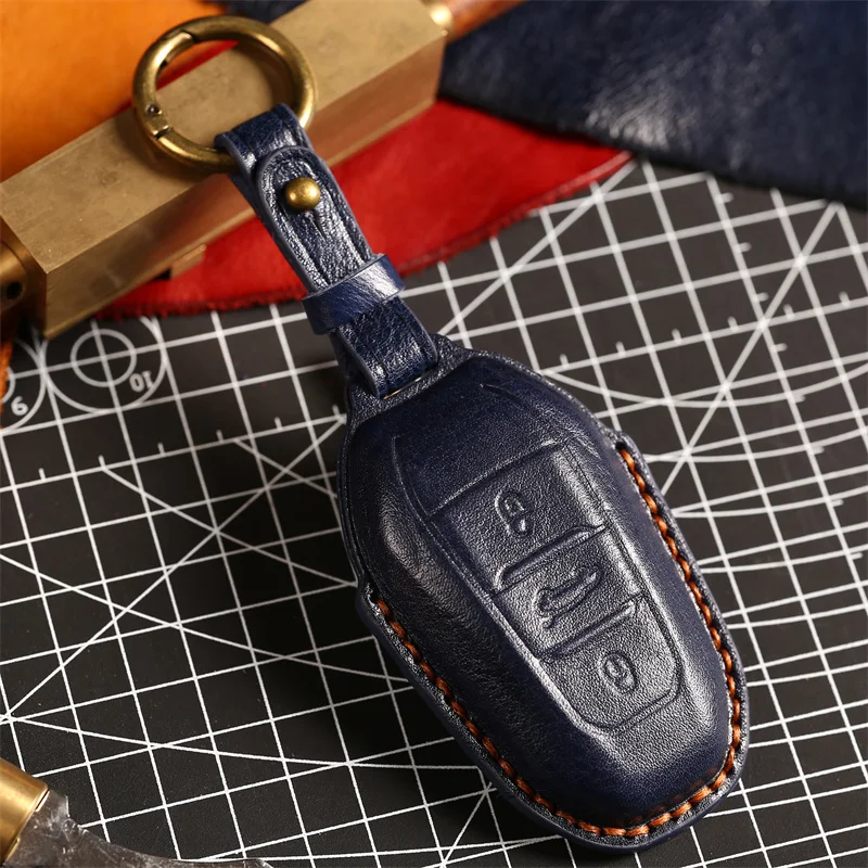 

2022 Leather Car Key Fob Case Cover Holder Shell Hood for Peugeot 308 408 508 2008 3008 4008 5008 3Button Smart Remote