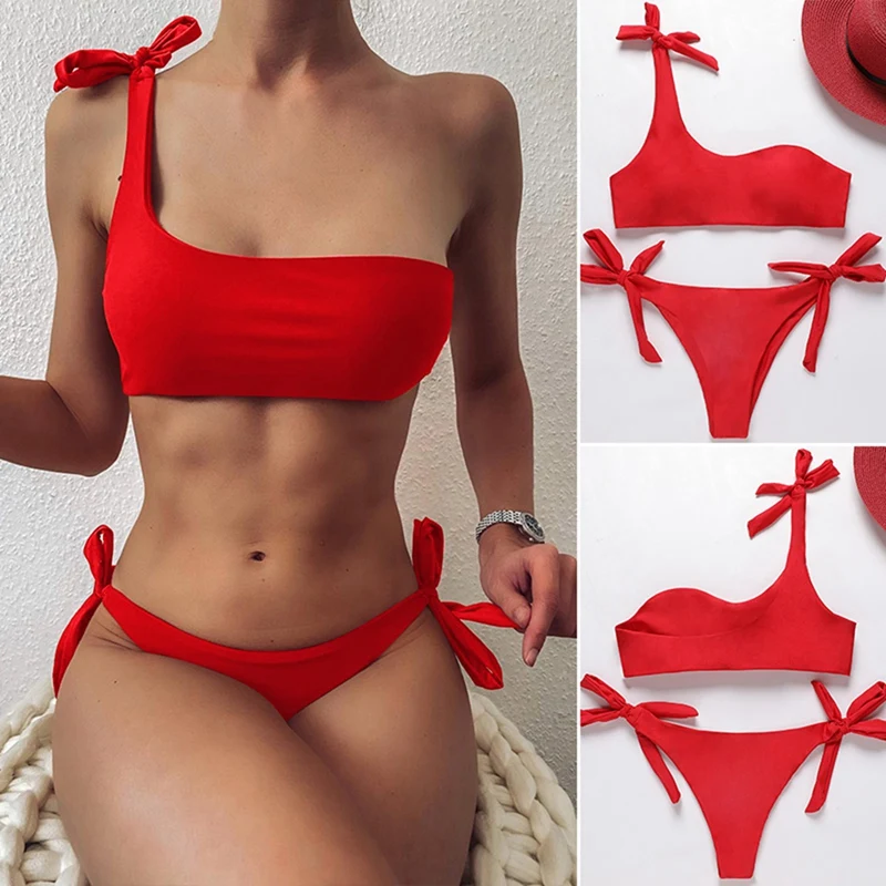 

Бикини на одно плечо, Женский однотонный кружевной комплект бикини, купальник, пляжная одежда, купальник, купальный костюм