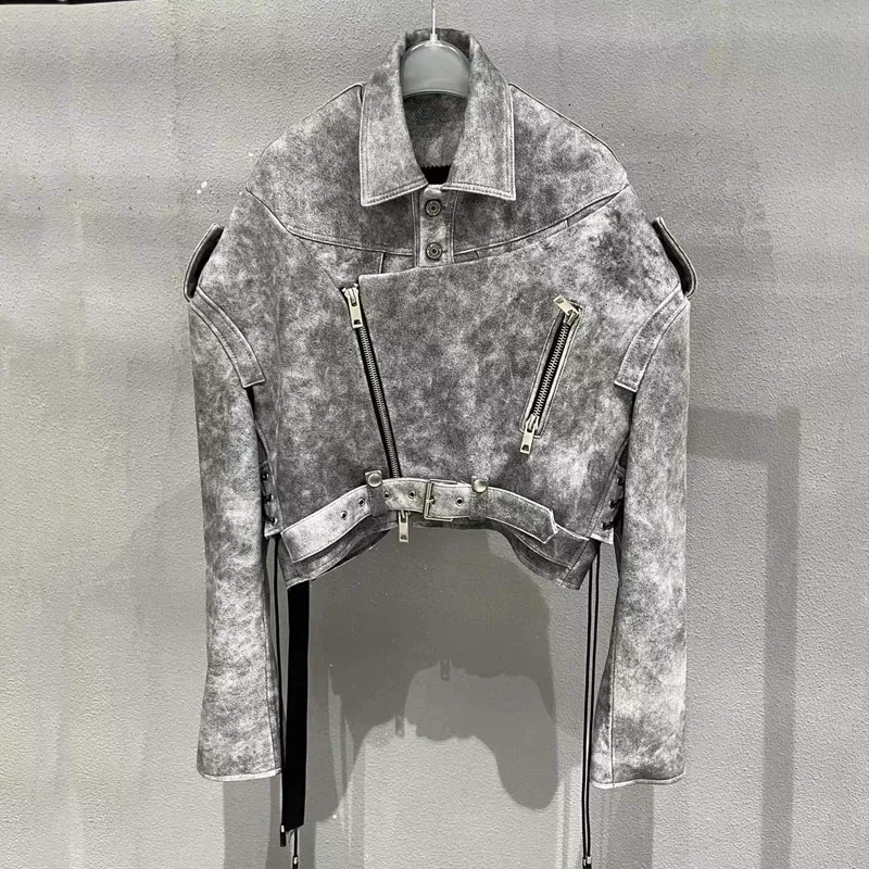 

Женское короткое пальто из натуральной овечьей кожи, с поясом и отложным воротником