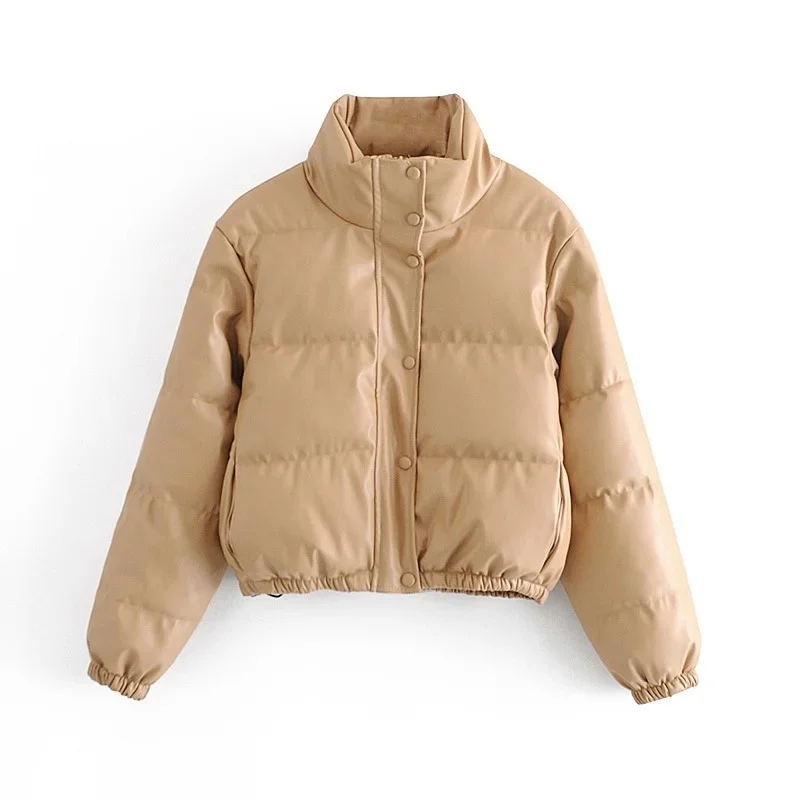 Women Fashion Black PU Leather Coat 2021 Winter Thick Warm Short Parkas Female Elegant Zipper Button Cotton Padded Jacket Ladies
