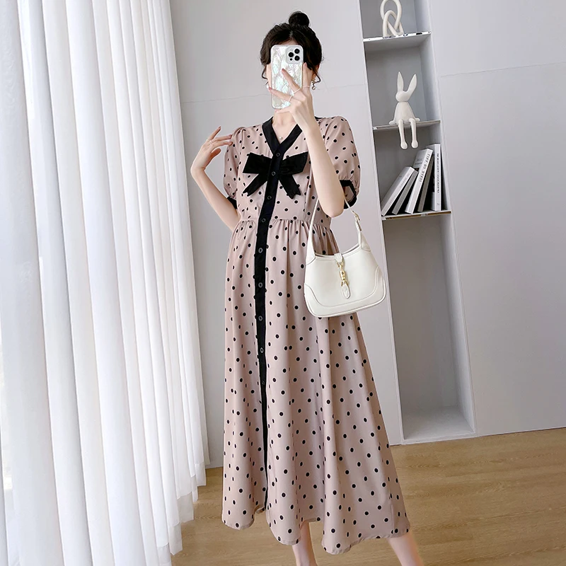 Summer Pregnancy Dress High Waist Dot Printed Bow V Neck Elegant Maternity Clothes for Pregnant Women Plus Size 2023 Spring