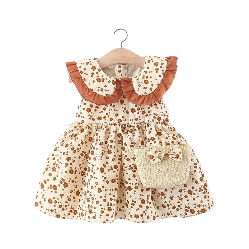 

Baby Girl Clothes Fashion Printed Ruffles Summer Dresses Straw Bag Suit Sweet Princess Dress Toddler Girl Sukienka Kids Clothing