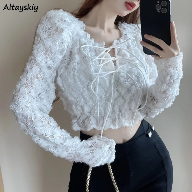 

Blouses Women Clubwear Solid Fashion Lace-up Design Feminine Autumn All-match Sweet Style Sexy Korean Y2k Crops Slim Blusas Chic