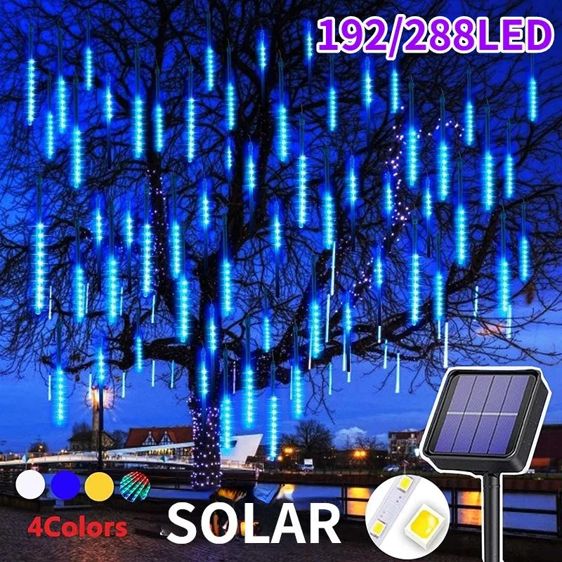 192/288LED Solar Meteor Shower Rain Christmas Tree Decor 8 Tubes LED String Lights Waterproof Outdoor Garden Tree Decor