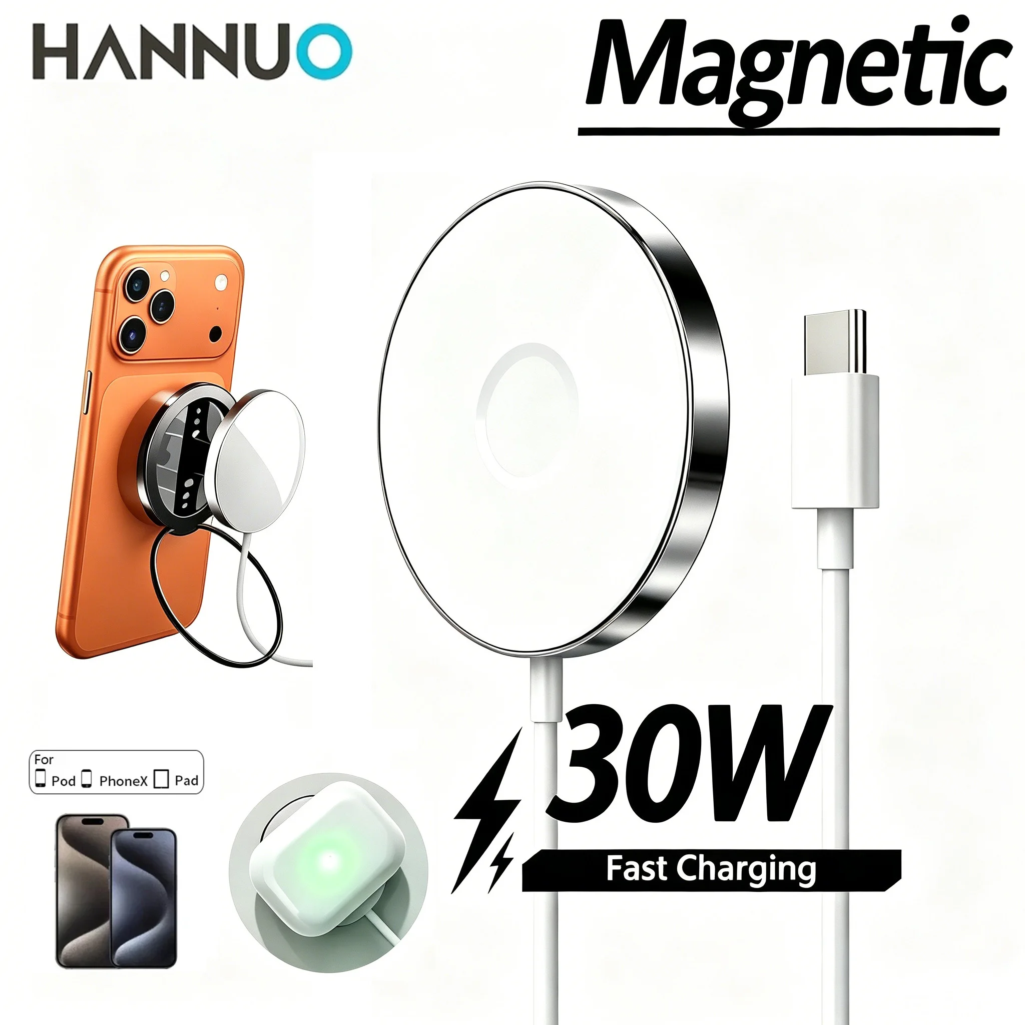 Фото Беспроводное магнитное зарядное устройство HANNUO 30W для быстрой зарядки iPhone 17, 16, 15 Pro Max, быстрая зарядка PD для iPad, адаптер USB-C для AirPods №1