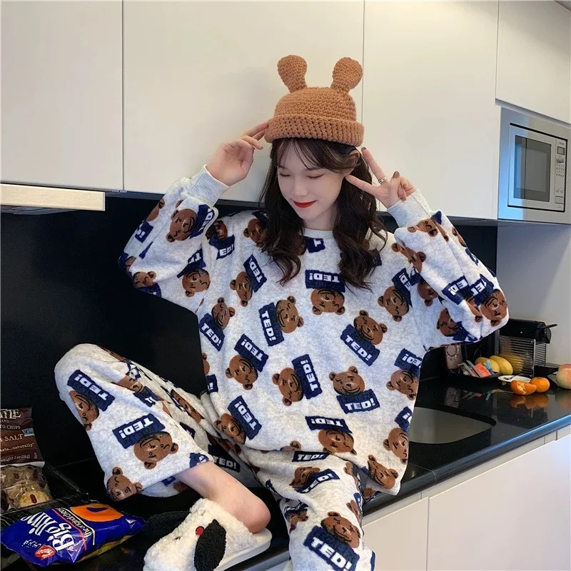 Flannel Women Pajamas Sets New 2023 Autumn Winter Warm Thick Coral Velvet Long Sleeve Cartoon Sleepwear Home Pijamas Set Girl