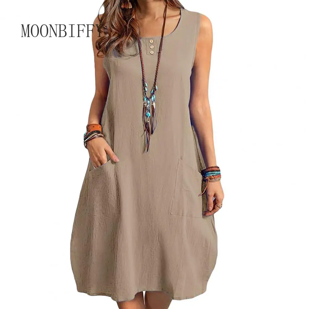 

Женское платье без рукавов, повседневное свободное платье-жилет из хлопка и льна с круглым вырезом и карманами, лето 2022