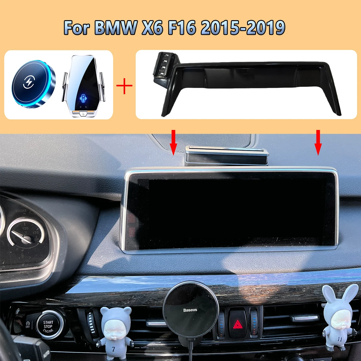 Фото Автомобильный держатель экрана телефона для BMW X6 F16 2015 2016 2017 2018 2019, магнитная беспроводная зарядка, автомобильное крепление для телефона MagSafe Stand №1