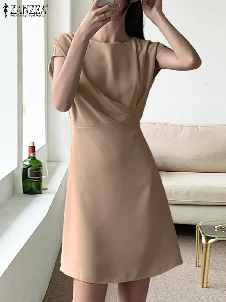 

Платье ZANZEA женское Плиссированное ТРАПЕЦИЕВИДНОЕ, однотонное повседневное короткое элегантное мини-платье с драпировкой и поясом, с коротким рукавом, лето 2023
