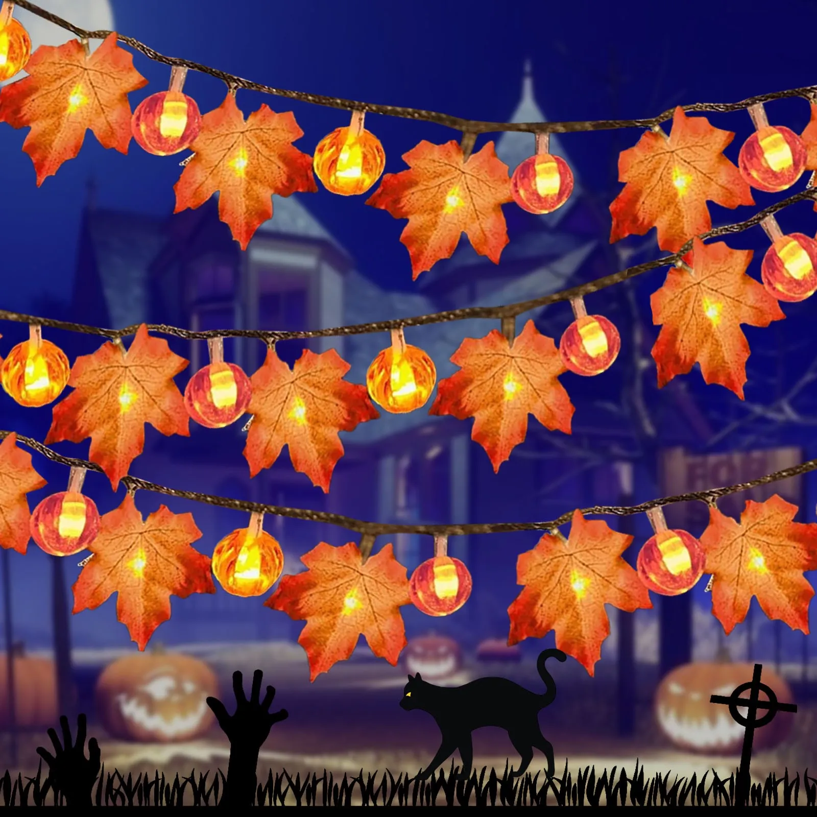 

LED Maple Pumpkin String Lights For Halloween Yard Party Room Decorative Lights Black Lights Strip for Party