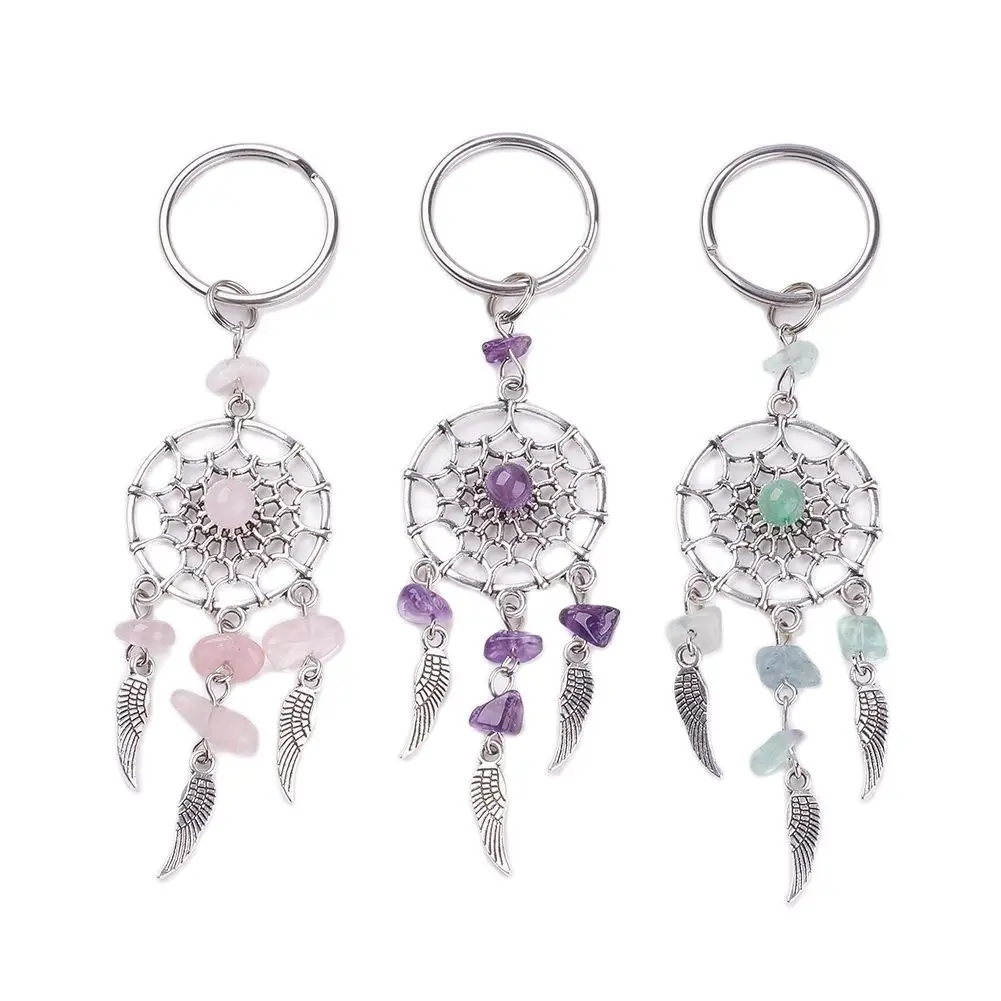 

Ancient Silver Dream Catcher Keychain Natural Crystal Stone For Car Bag Keyring Building Blocks Pendant Accessions Wedding Party