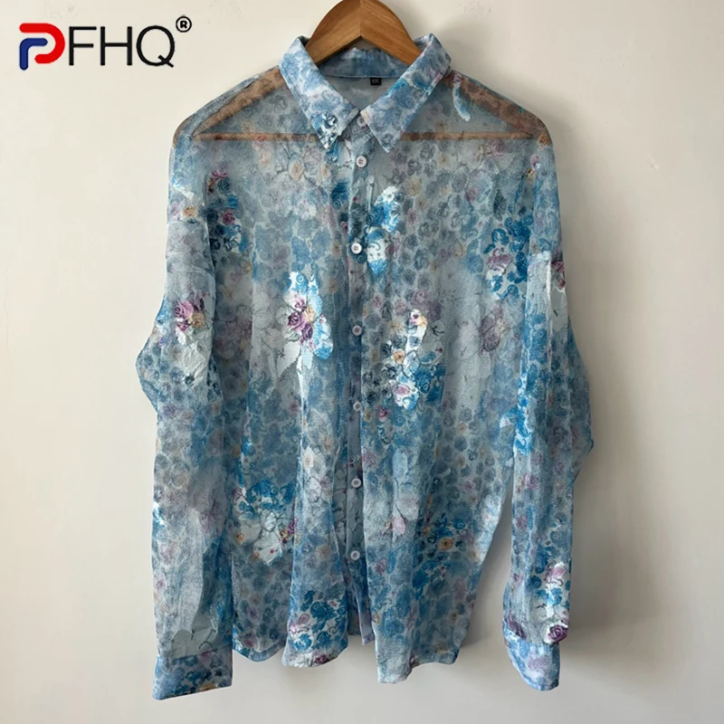 

PFHQ Print Jacquard Perspective Mesh Lace Men's Shirts Tide Sun Protection Summer Creativity Breathable Abstraction Tops 21Z1631