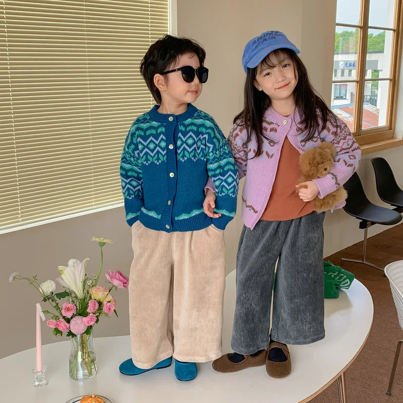Autumn Kids corduroy all-match wide leg trousers Boys and Girls solid color loose straight-leg pants