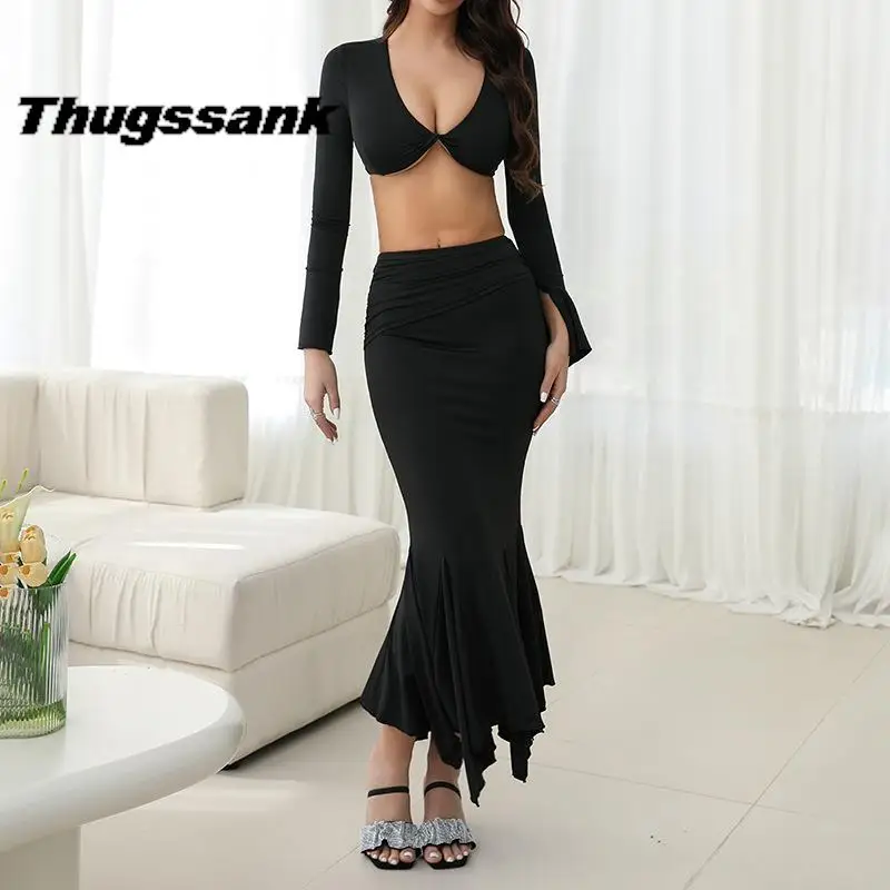 

Cross Border Women's Clothing 2023 Spring and Summer New Elegant Sexy Slim-Fit Flared Sleeves Fishtail Skirt Midriff Outfit Suit