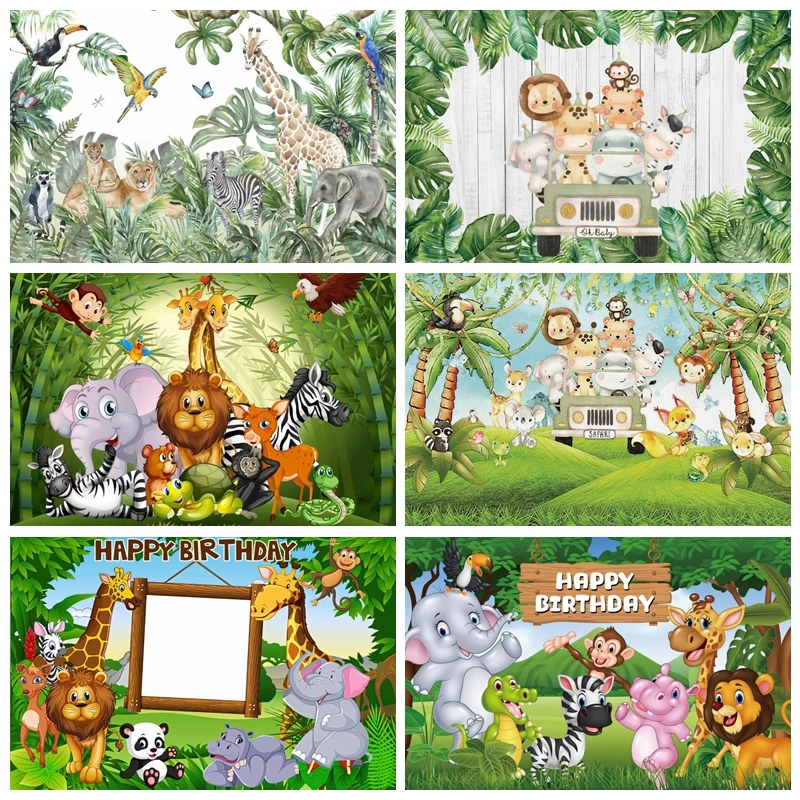 

Cartoon Safari Animal Birthday Party Photo BackdropTropical Jungle Forest Baby Shower Customized Banner Photography Background