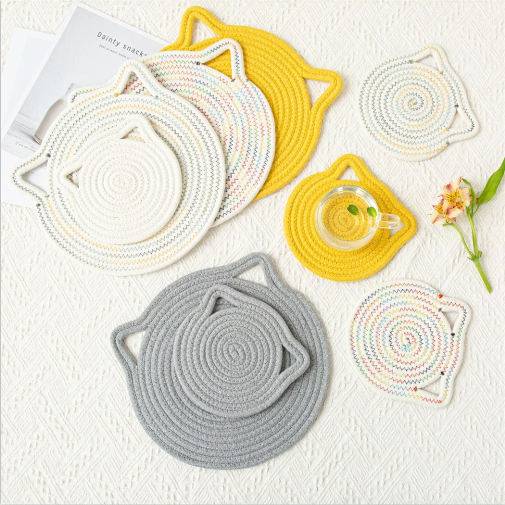 

Cat Ears Cup Mat Cotton Woven Household Dining Mat Creative Heat Resistant Pot Mat Hangable Heat Insulation Pad Japanese-style