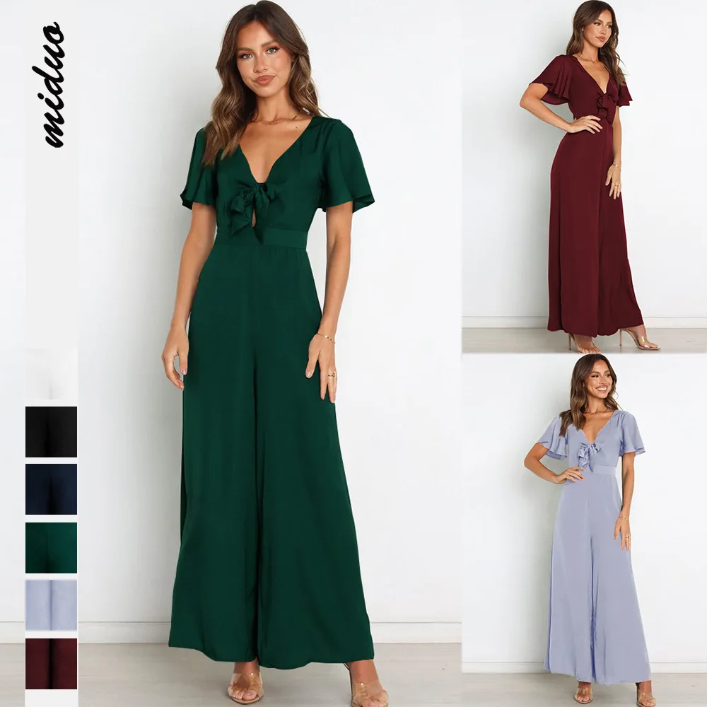 

Fashion Plain Jumpsuit Lotus Leaf Sleeves V-neck Sexy Tied Rope Short-sleeve Jumpsuit Wide-leg Pants Women Spot Wholesale