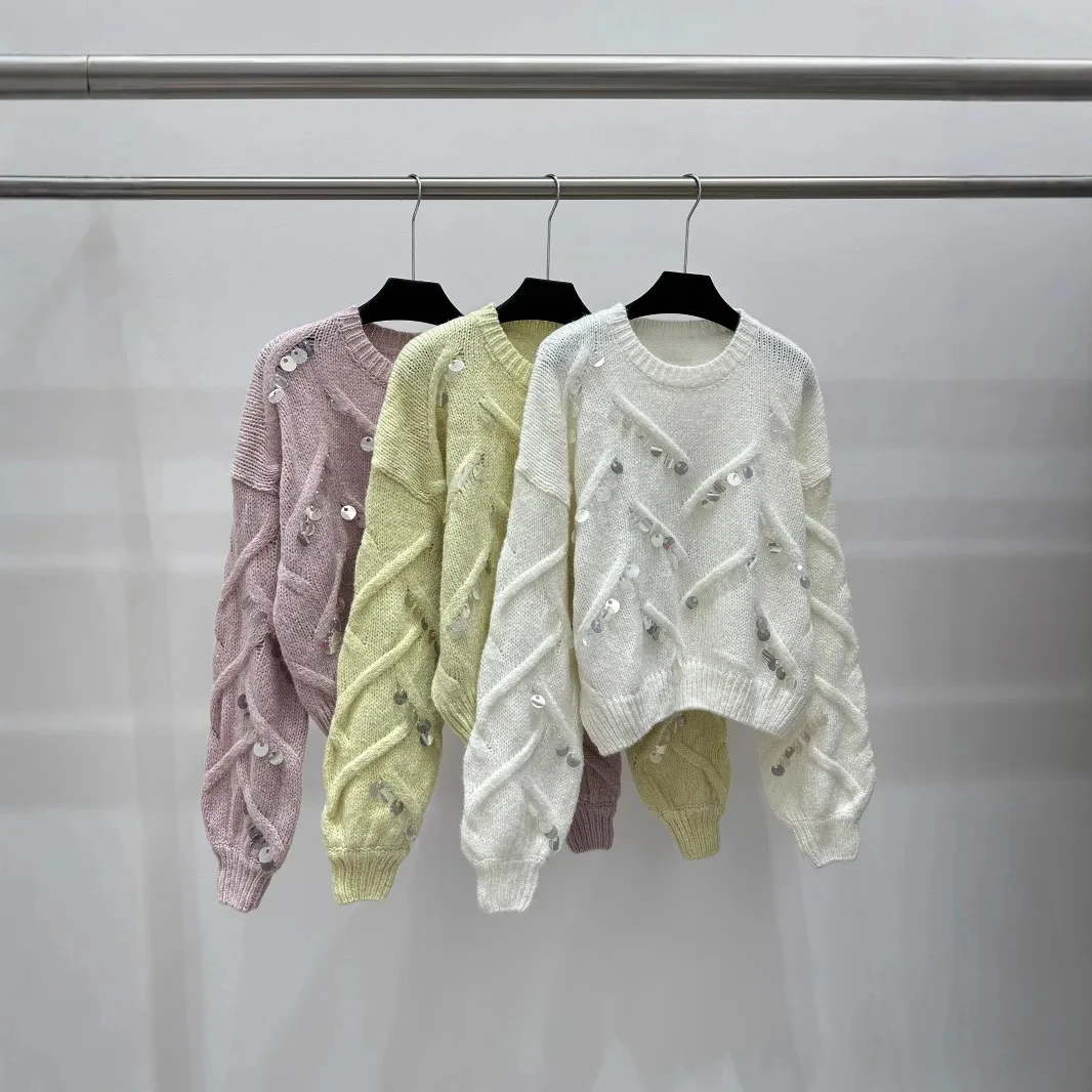 Свободный мягкий свитер с круглым вырезом из 100% мохера пайетками для женщин