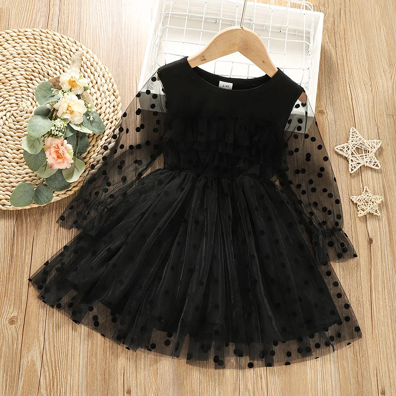 

Girls Kids Dress Polka Dot Dress Autumn Long Sleeve Elegant Black Lace Princess Dresses for Children Spring Fall Girls Clothes